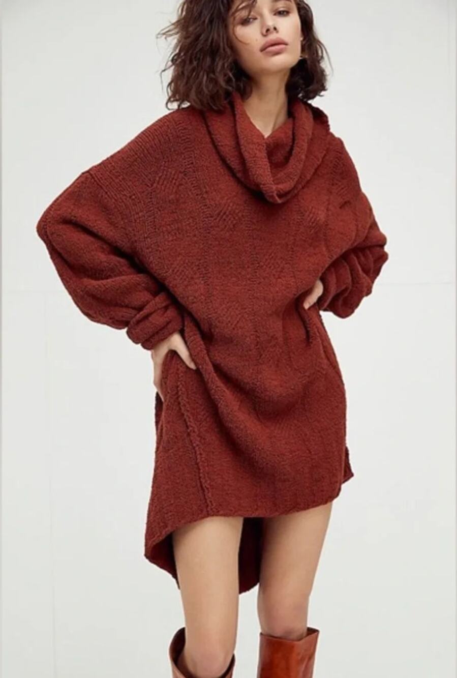 Free People Ice Cream Tunic Soft Cable Knit Oversized Cowl Sweater Dress Small